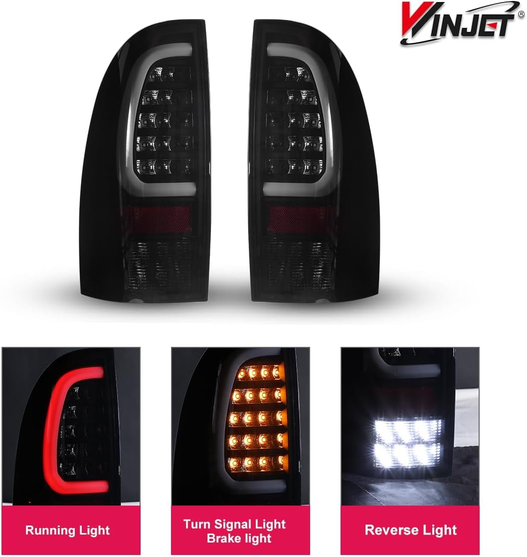 Winjet LED Tail Light Assembly For 2005-2015 Toyota Tacoma,Full Led Taillight Replacement w/Yellow Turn Signal Light/Running Light/Brake Light/Reverse Light - SMOKED LENS