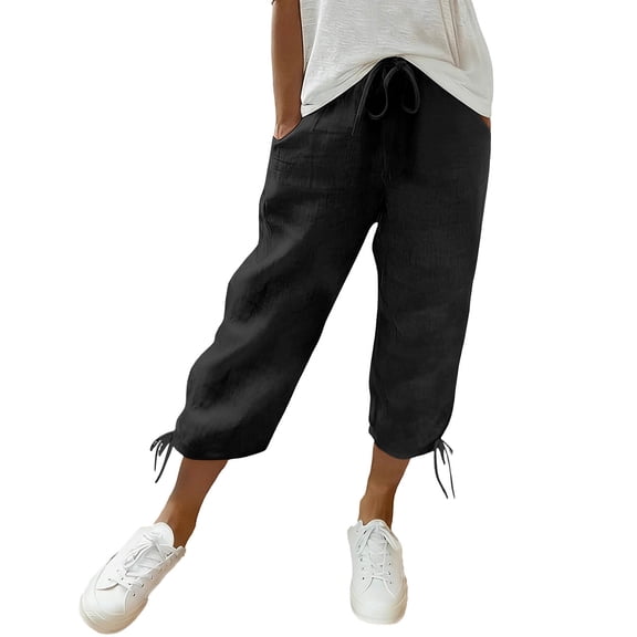 cocolona Womens Summer Casual Travel Beach Capri Pants Elastic Waist Wide Leg Cropped Trousers with Pocket