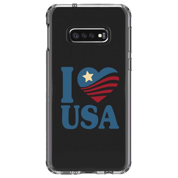 DistinctInk Clear Shockproof Hybrid Case for Samsung Galaxy S10e (5.8" Screen) - TPU Bumper Acrylic Back Tempered Glass Screen Protector - I Love USA Flag