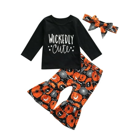 

Sunisery Kids Baby Girls Halloween Clothes Outfits Letter Long Sleeve Tops Trumpet Pants with Headband Black 6-12 Months