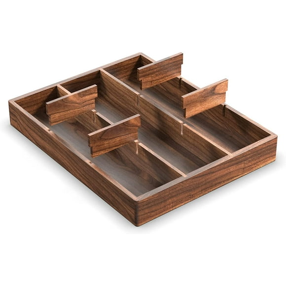 OLETNY Desk Drawer Organizer Tray, 7 Slots Black Walnut Drawer Dividers System, Jewelry Drawer storage rack, Adjustable Drawer Organizers Wooden Dividers for Cloakroom, Office Desk, Dressers, Makeup
