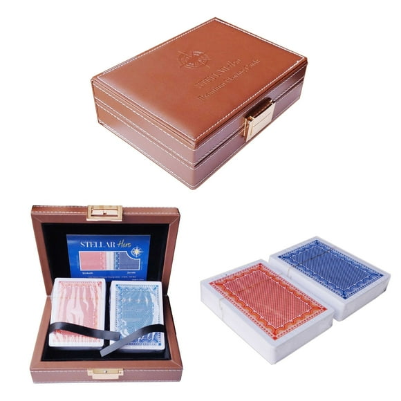 Stellar Hero Playing Card Gift Set, 2 Deck of 100% Plastic Poker Cards, Family Game Gift Set, Washable Standard Index (Red & Blue 2 Deck of Cards) in a Premium Leather Gift Box