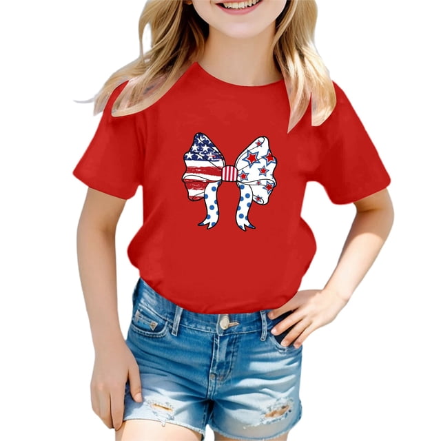 GDREDA Baby Girl Summer Top Girl's 4th Of July Patriotic Short Sleeve T Shirt Cute Independence Day Flag Print Tee Comfortable Casual Summer Top For Toddler Kids Red,7-8 Years