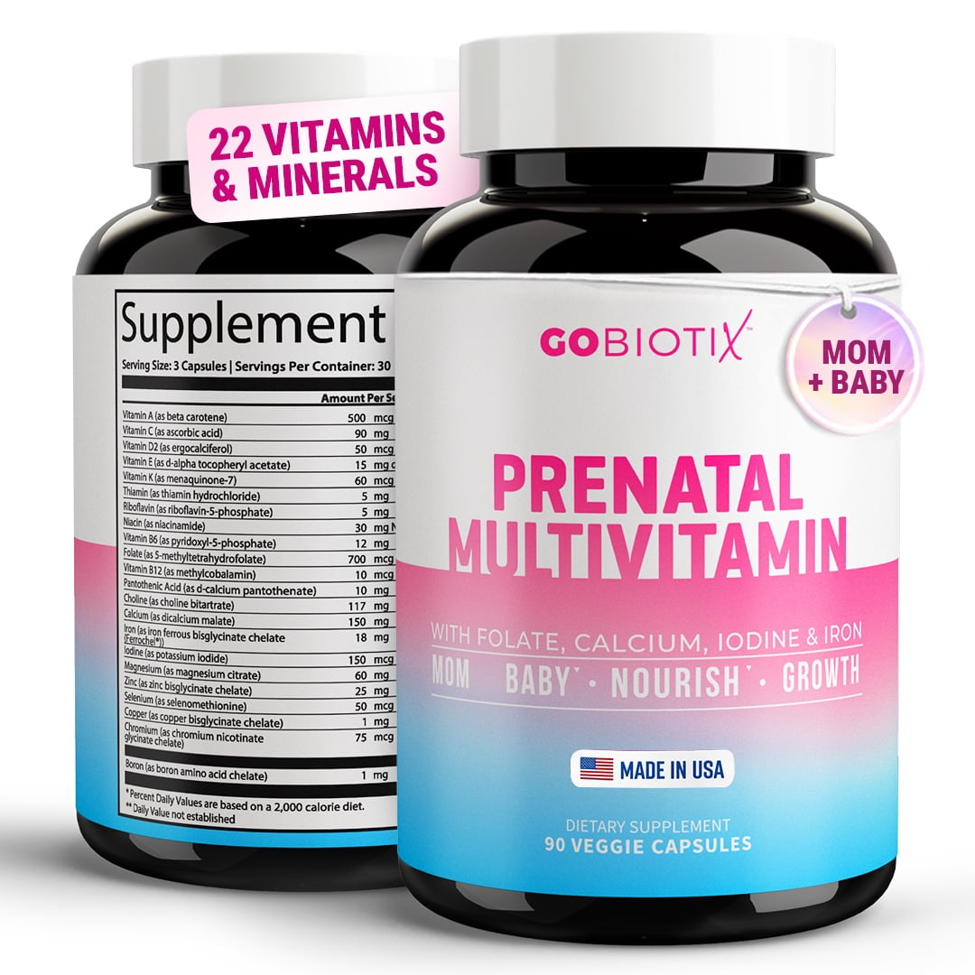 GoBiotix Prenatal Vitamins for Women with Iron, Calcium, Folate & Vitamin D2, 90 Capsules, Pregnancy Support