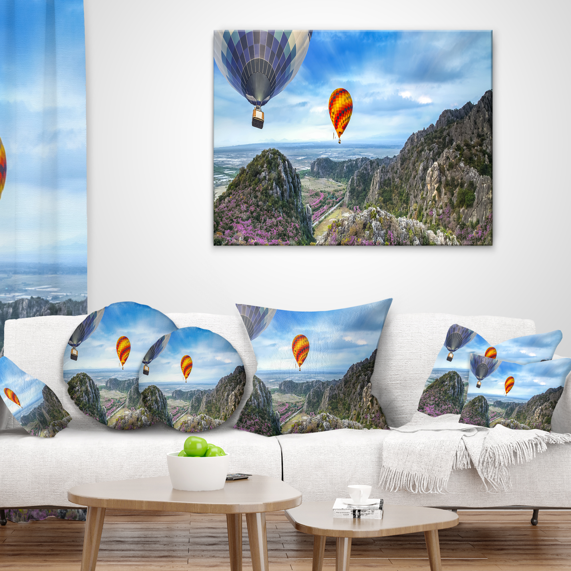 Designart Mountains and Balloon Landscape - Photography Throw Pillow - 18x18