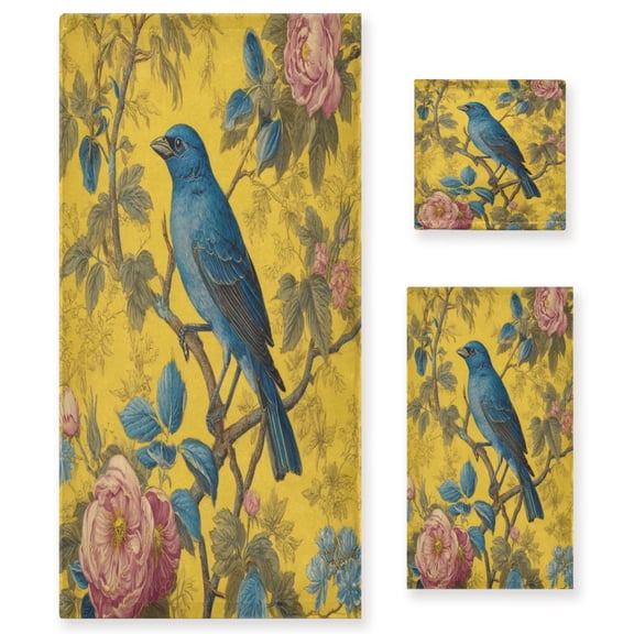 3 Piece Bath Towels Set Bath Towel, Hand Towel and Face Towel for Bathroom, Gym, Hotel Bluebird Surrounded by Flowers