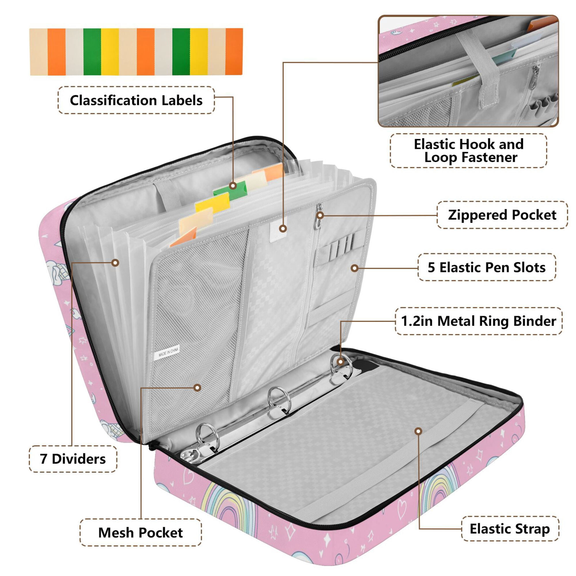 FORMRS Accordion File Folder A4 Size 7-Pocket Expanding Document Organizer Bag with 3 Ring Binder, Ice Cream Rainbow Pattern
