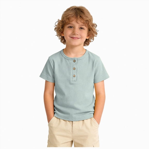 BOBOGOJP Boys Short Sleeve Shirt with Button, Henley Shirt Boys & Girls, Polo Shirt Without Collar(Light Green,2-3 Years)