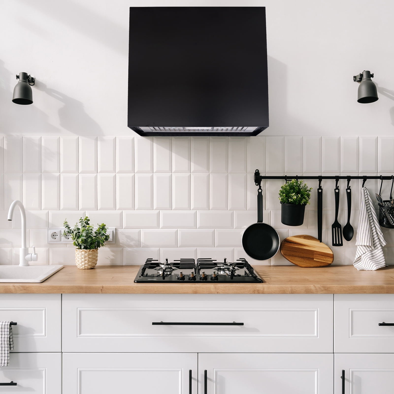 Akicon Stainless Steel Range Hood, Modern Box Ducted Kitchen Hood with Powerful Vent Motor, Wall Mount, 36"W*30"H*14"D, Jet Black