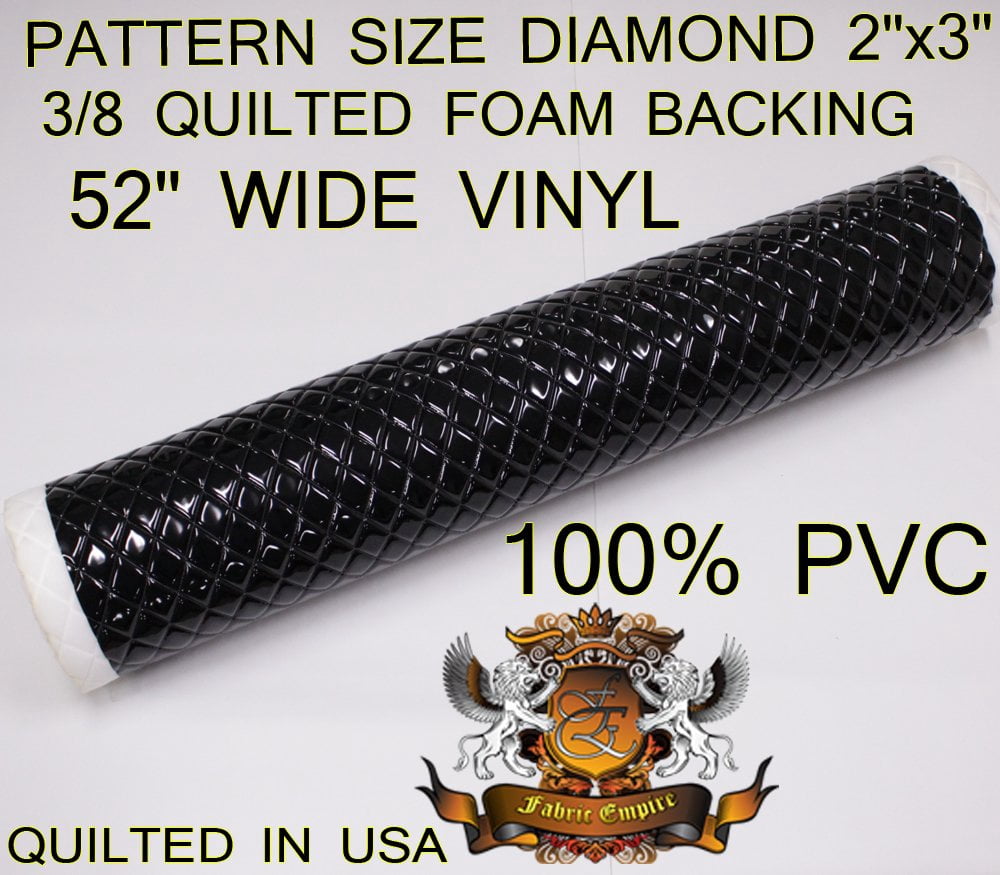 Quilted Vinyl Padded Upholstery Fabric w 3/8" Foam Backing Glossy Grain 2"x3" Diamond /52" Wide/Continuous Yard/ Auto Marine RV Boat Seat Cover DIY Craft Material, Seat Cover Material (BLACK)