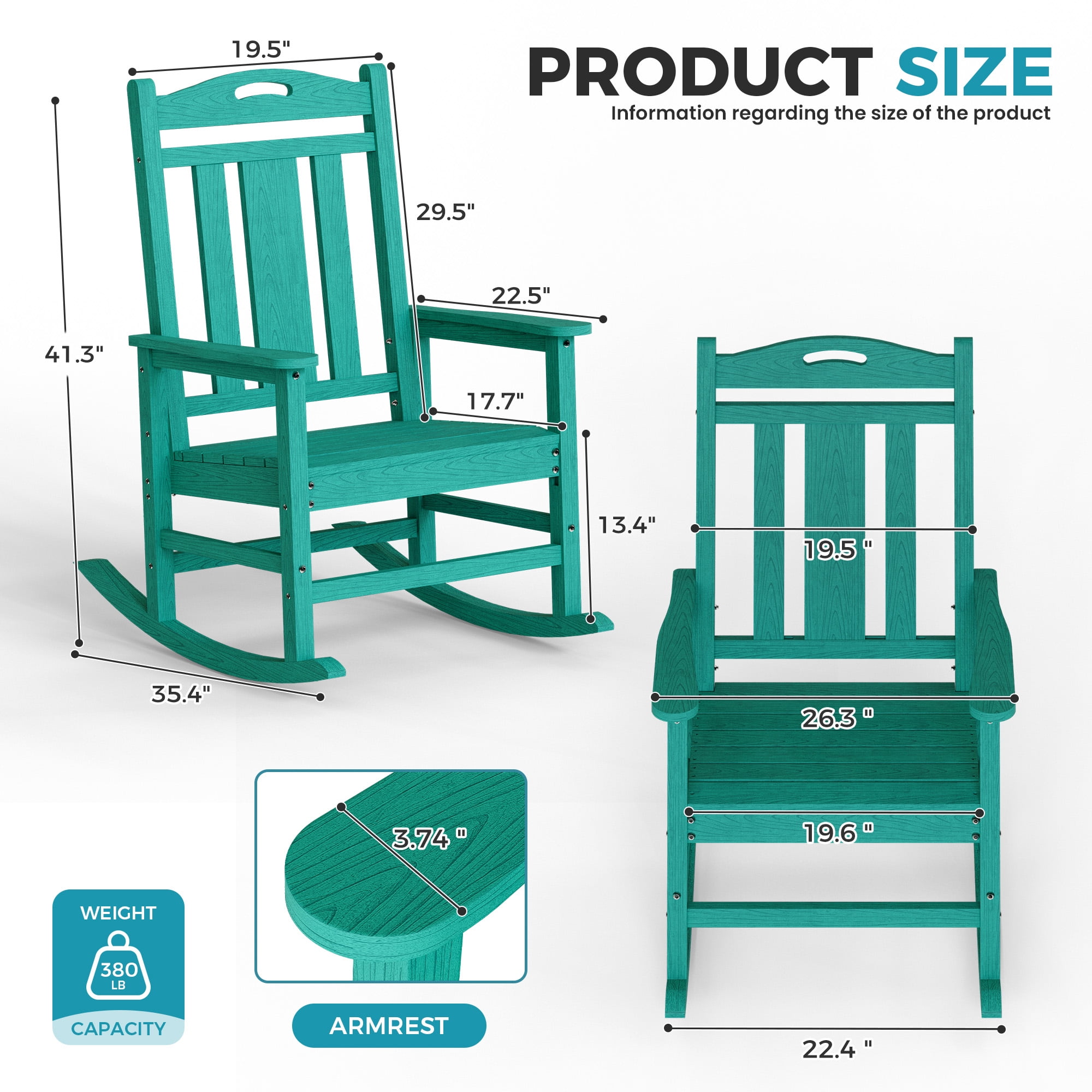 Oversized HDPE Outdoor Rocking Chair, All-Weather High Back Porch Rocker, Aqua