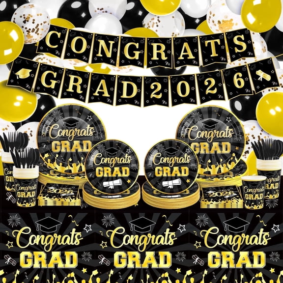 Suknil Graduation Decorations, Class of 2026 Graduations Party Supplies, 227pcs Graduation Disposable Dinnerware Set, Black Gold Graduation Tableware Plates