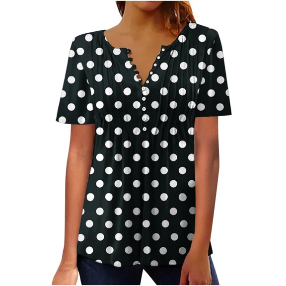 Dyegold Womens Tops Dressy Casual Summer Summer Tops For Women Dressy Casual Button Pleated V Neck Floral Print Tunics Shirts Loose Fit Short Sleeve Blouses