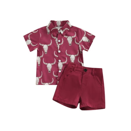 

Woshilaocai Toddler Baby Boy Western Clothes Cow Print Short Sleeve Button Down Shirt Elastic Waist Shorts 2Pcs Gentleman Suits