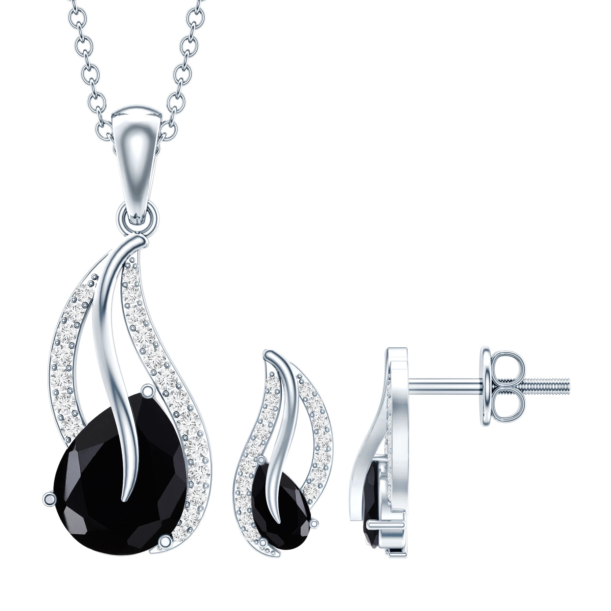 Rosec Jewels Silver Black Onyx Jewelry Set for Women - Leaf Pendant Earrings Set with Chain - AAA Quality Certified - Ready to Gift