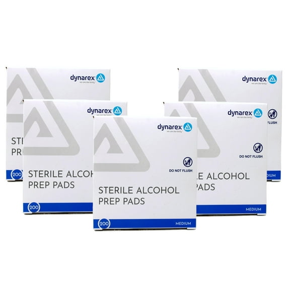 5 Pack Dynarex Alcohol Prep Pads Medium #1113 200 Latex Free Sterile Pads Each