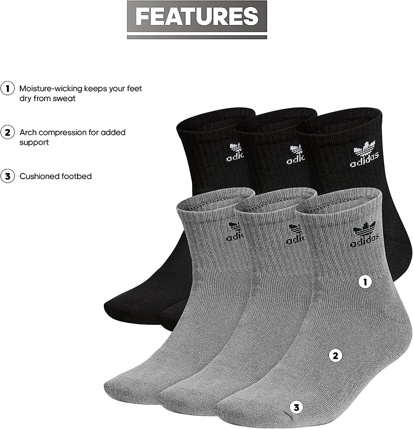 adidas Originals Men's Trefoil Quarter Socks (6-Pair), Heather Grey/ Black/ White, Large