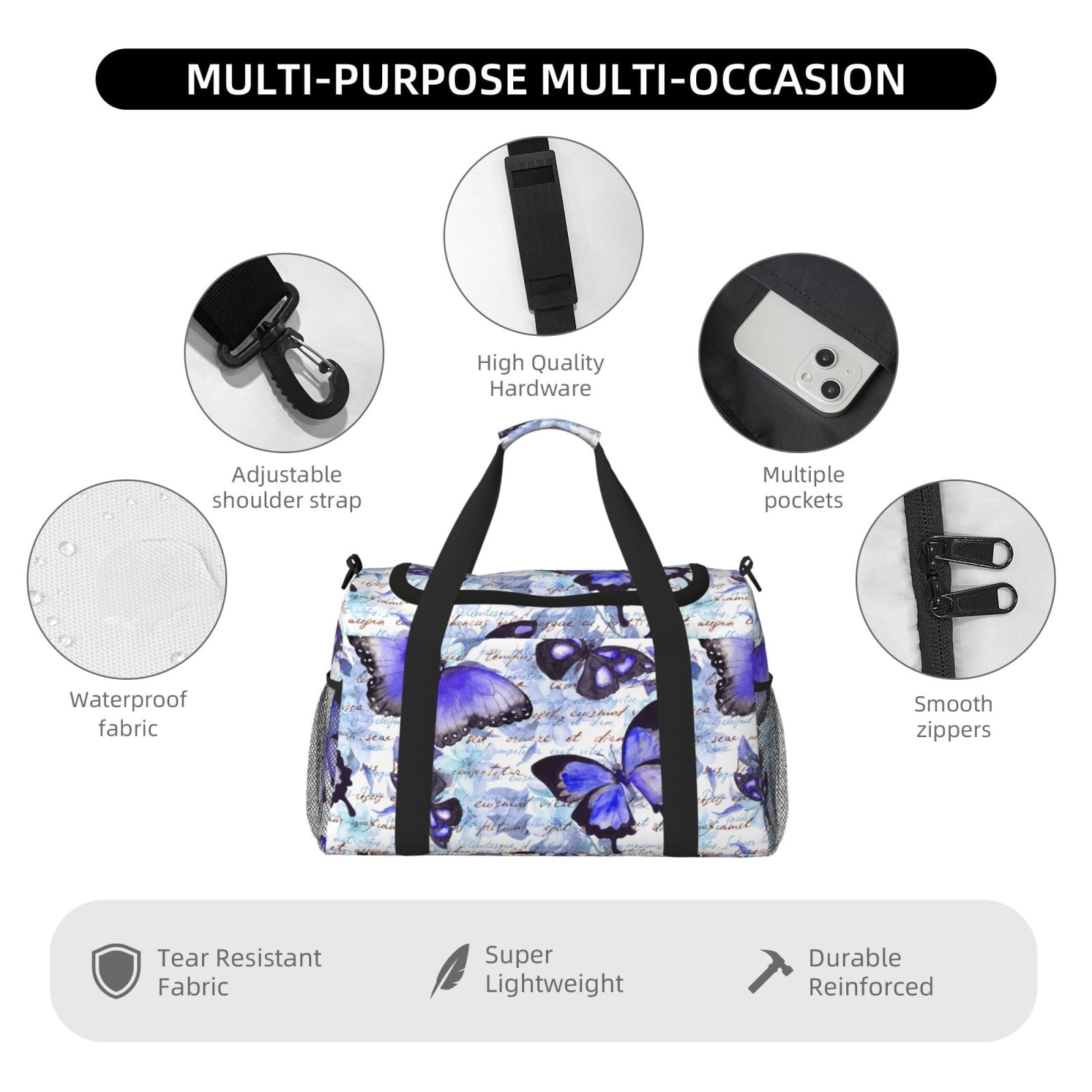 Fuzoiu Butterflies Print Travel Duffle Bag,Carry On Tote Bags,Duffel Bag,Sport Gym Bag, Hospital Bag for Labor and Delivery, Overnight Bag,Luggage Bag