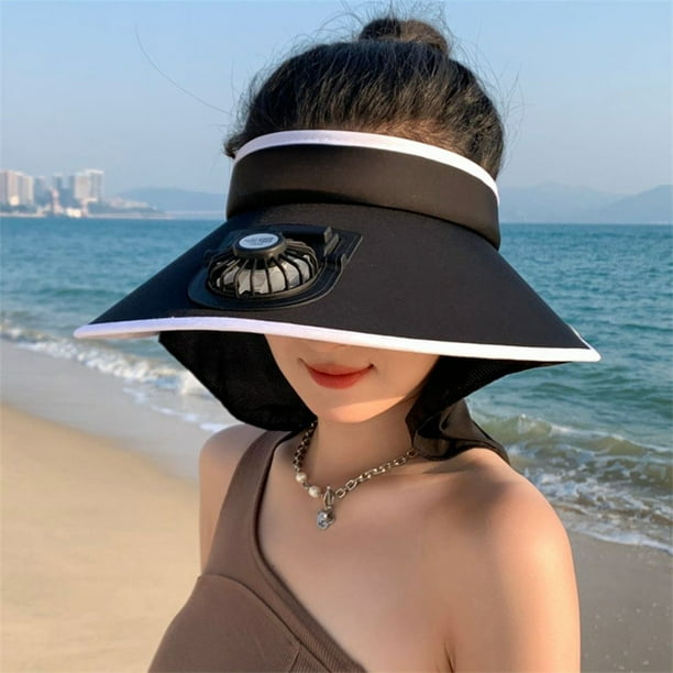Sombrero de protección solar de ala ancha para mujer | Ventilador de carga USB Tapa de visera abierta ajustable | Sombreros transpirables de viaje al aire libre para el verano | Ala de 14 cm