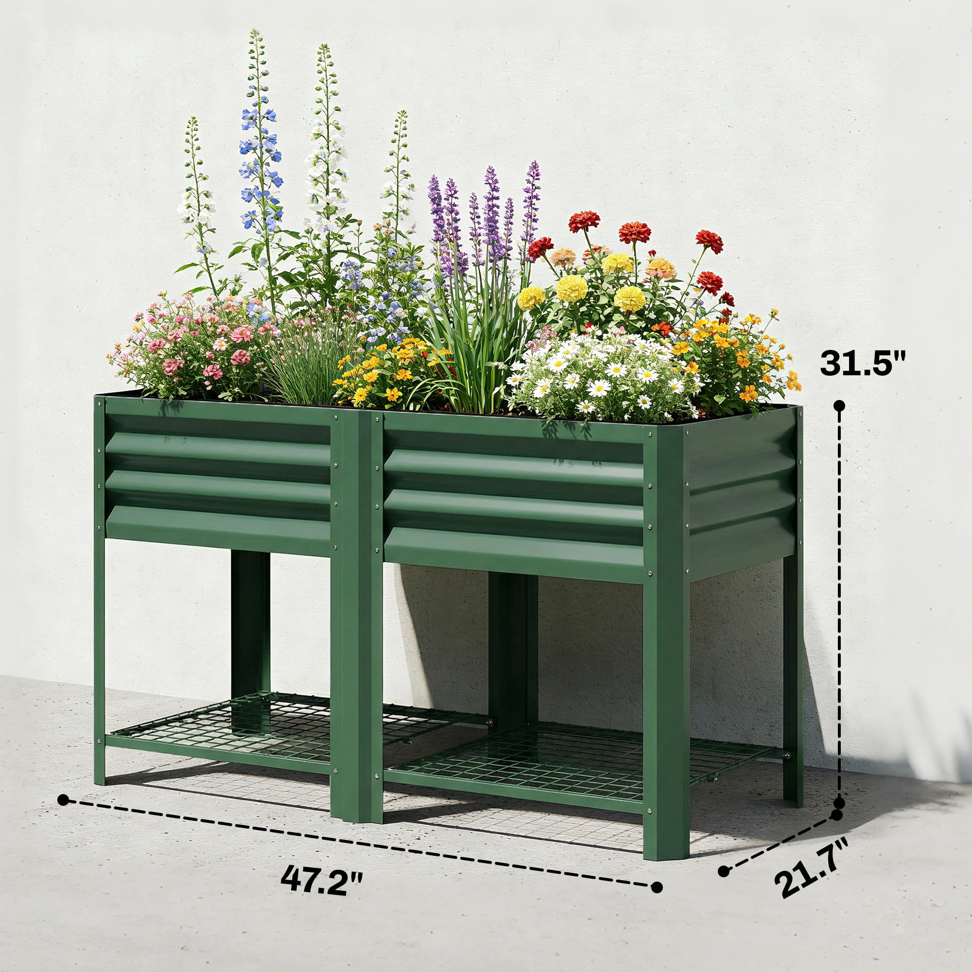 Outsunny Raised Garden Bed Galvanized Steel, Elevated Planter Box with Storage Shelf, Bed Liner, Green