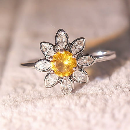 AkoaDa New Cute Daisy Flower Yellow Cz Zirocn Stone Silver Rings For Women Fashion Wedding Engagement Jewelry Best Christmas (The Best Cubic Zirconia In The World)