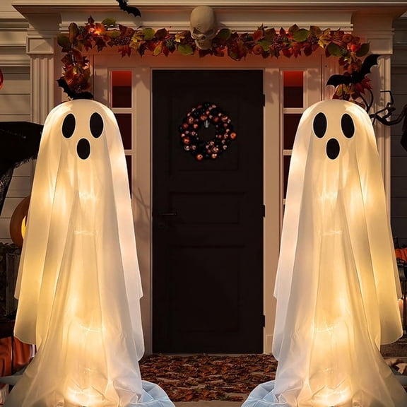 7ft Giant Glowing Ghost Decorations - Adjustable Halloween Props with LED Lights - Scary Decor for Porch, Lawn, White Floating Phantom Set