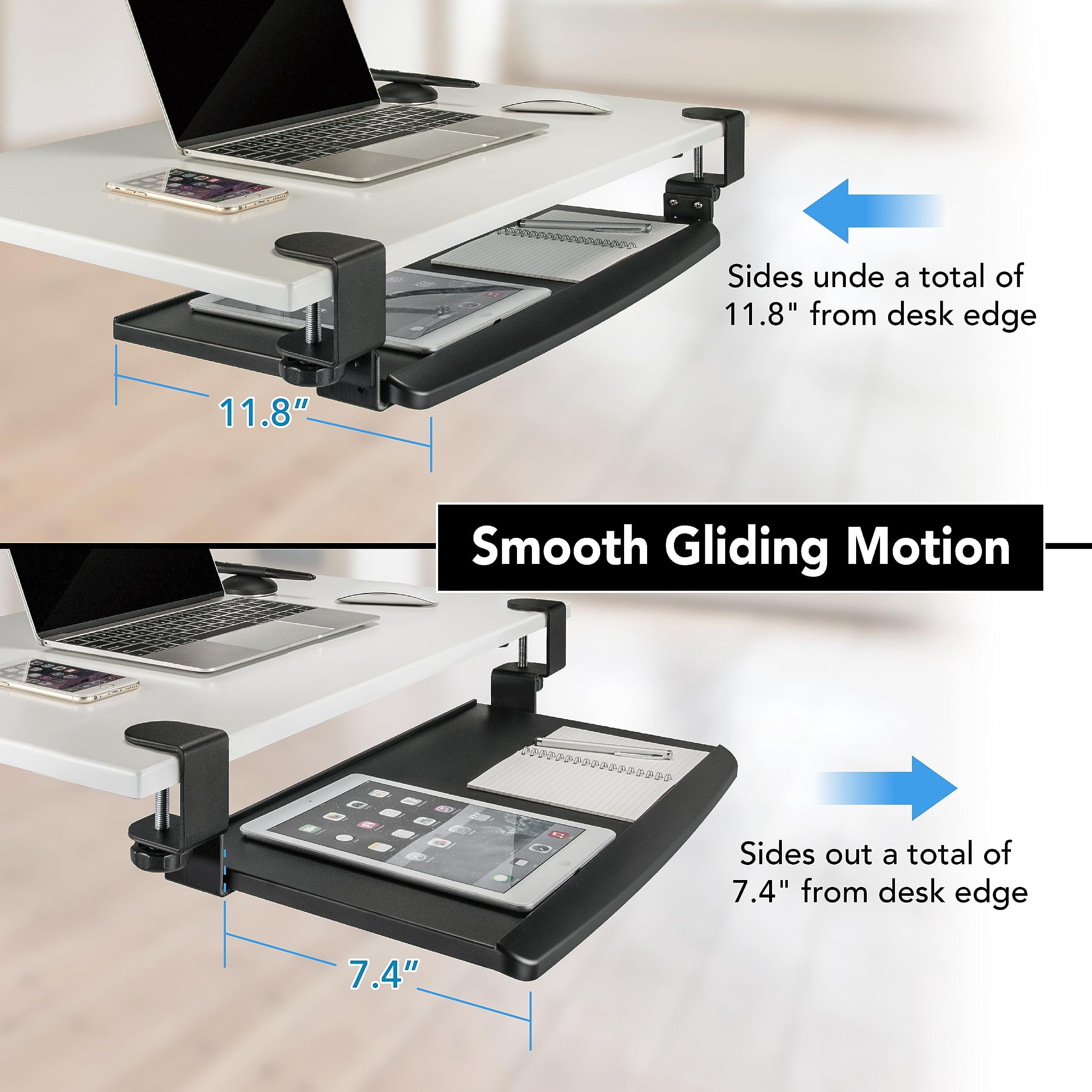 Prime Desk Clamp Tray  Under Sliding Retractable Drawer Space-saving Platform For Standard Keyboards Large 20" X 11.5" Workstation Extension