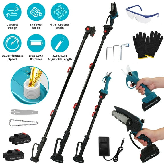 TeqHome 4-In1 Cordless Electric Pruning Shears & Pole Saw 4/6 Inch Pole Saws for Tree Trimming 2Pcs 3000mAh Battery 5.5ft Max Extension Pole SK5 Blade Brushless Pruning Shears for Gardening