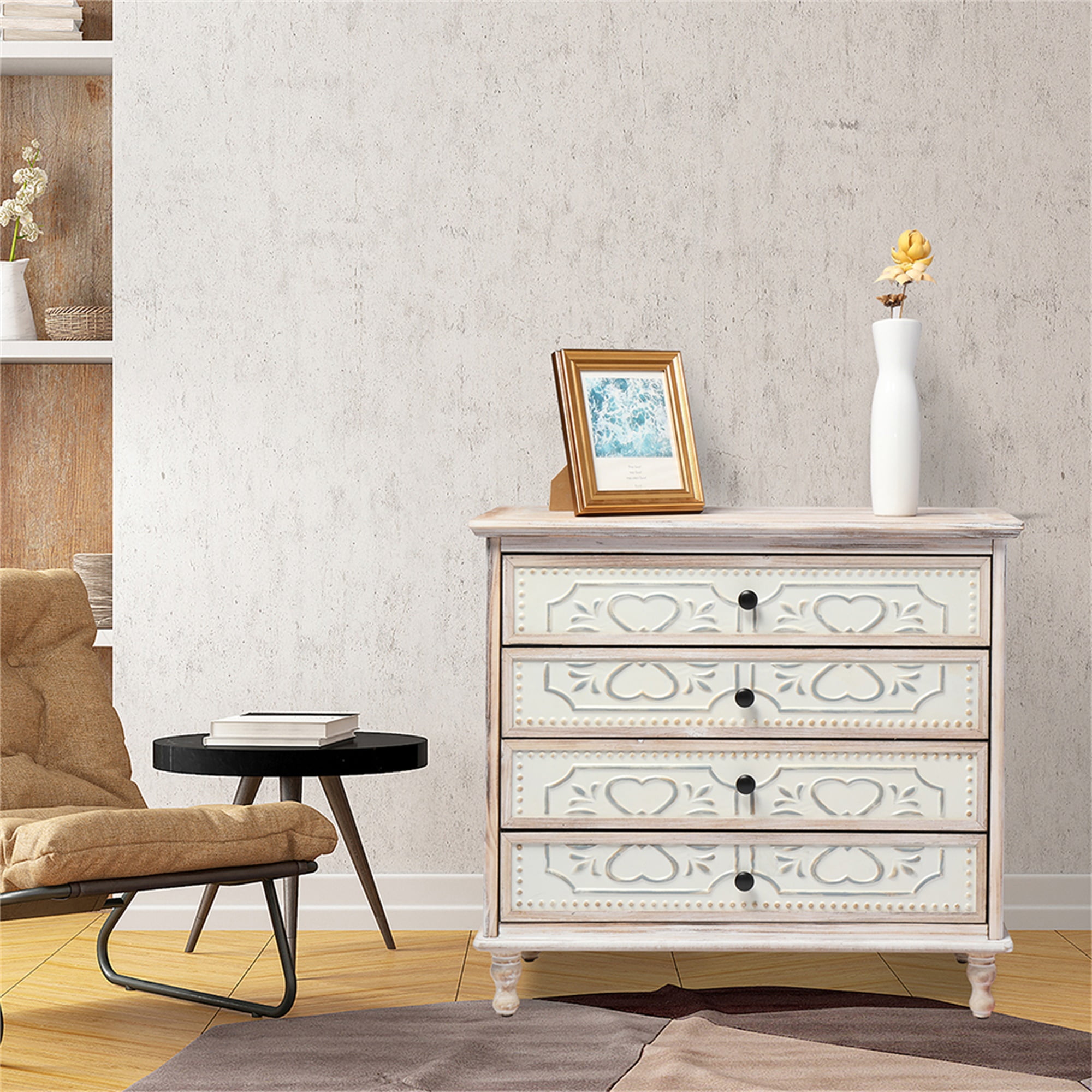 Kadyn Bedroom Dresser, 4 Drawer Chest of Drawers, White Washed Dresser Chest with 4 Storage Drawers for Nursery, Hallway, Living Room, Closet