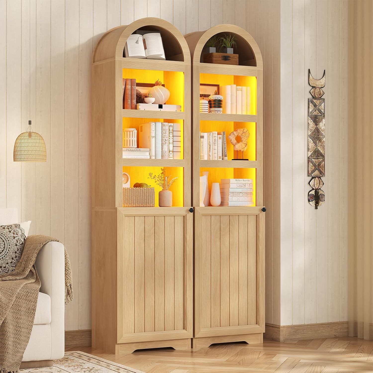 72" Tall Arched Narrow Bathroom Storage Cabinet with Lights, Slim Storage Cabinet with Adjustable Shelves for Small Spaces, Oak