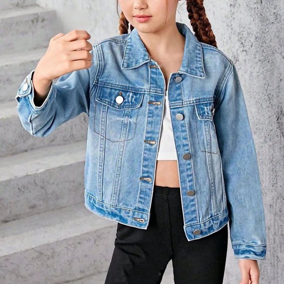 Blekii Girl's Basic Denim Jacket with Button-Front Flap Pockets, Ages 5-14 Soft Denim Cropped Length, Classic Look, Casual Vibe, School Days