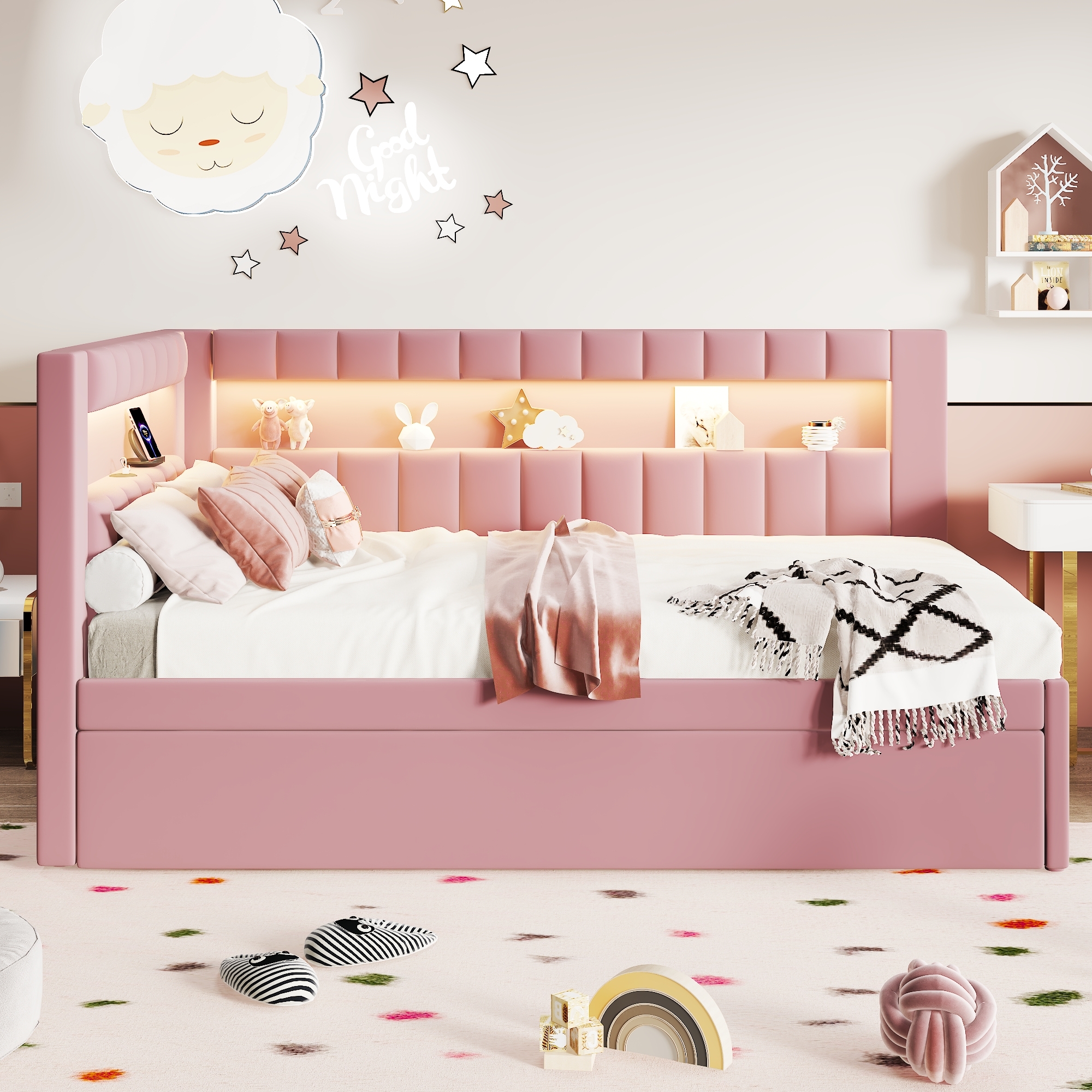 Euroco Upholstered Twin Size Daybed with Trundle, USB Charging Station and LED Light, Pink