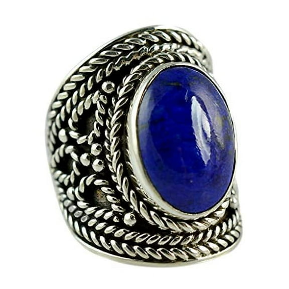 Lapis Lazuli Oval 925 Sterling Silver Handmade Women Statement Ring Size 8.5