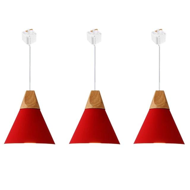 FSLiving J-Style Track Mount Pendant Fixture Scandinavian Style Pendant Lights for Kitchen Hanging Lamp Modern Wood and Aluminium Light Customizable,Red - 3 Lights