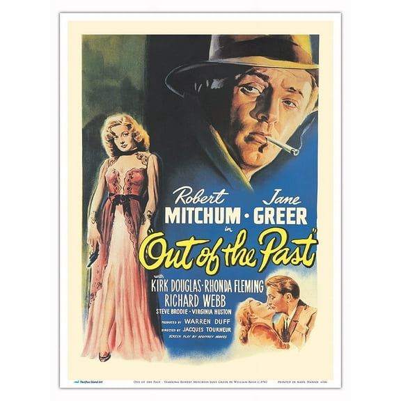 Out of the Past - Starring Robert Mitchum Jane Greer - Vintage Film Noir Movie Poster by William Rose c.1947 - Master Art Print (Unframed) 9in x 12in