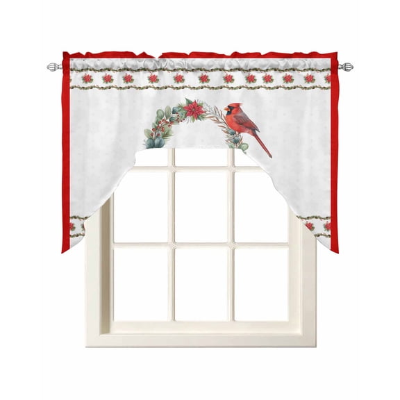 Red Cardinal Birds Swag Valances for Windows, Small Curtains Drapes, Christmas Poinsettia Flowers Xmas Wreath Kitchen Window Curtains Over Sink Window Treatment Valance for Bedroom/Bathroom 56"x36"