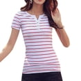 thumbnail image 1 of T-shirt Rayé pour Femmes à Boutons, Col en V, Coupe Ajustée, Haut Basique, Col pour Femmes, Manches Courtes, T-Shirts, Coton, Coupe Ajustée, Haut Basique, 1 of 4