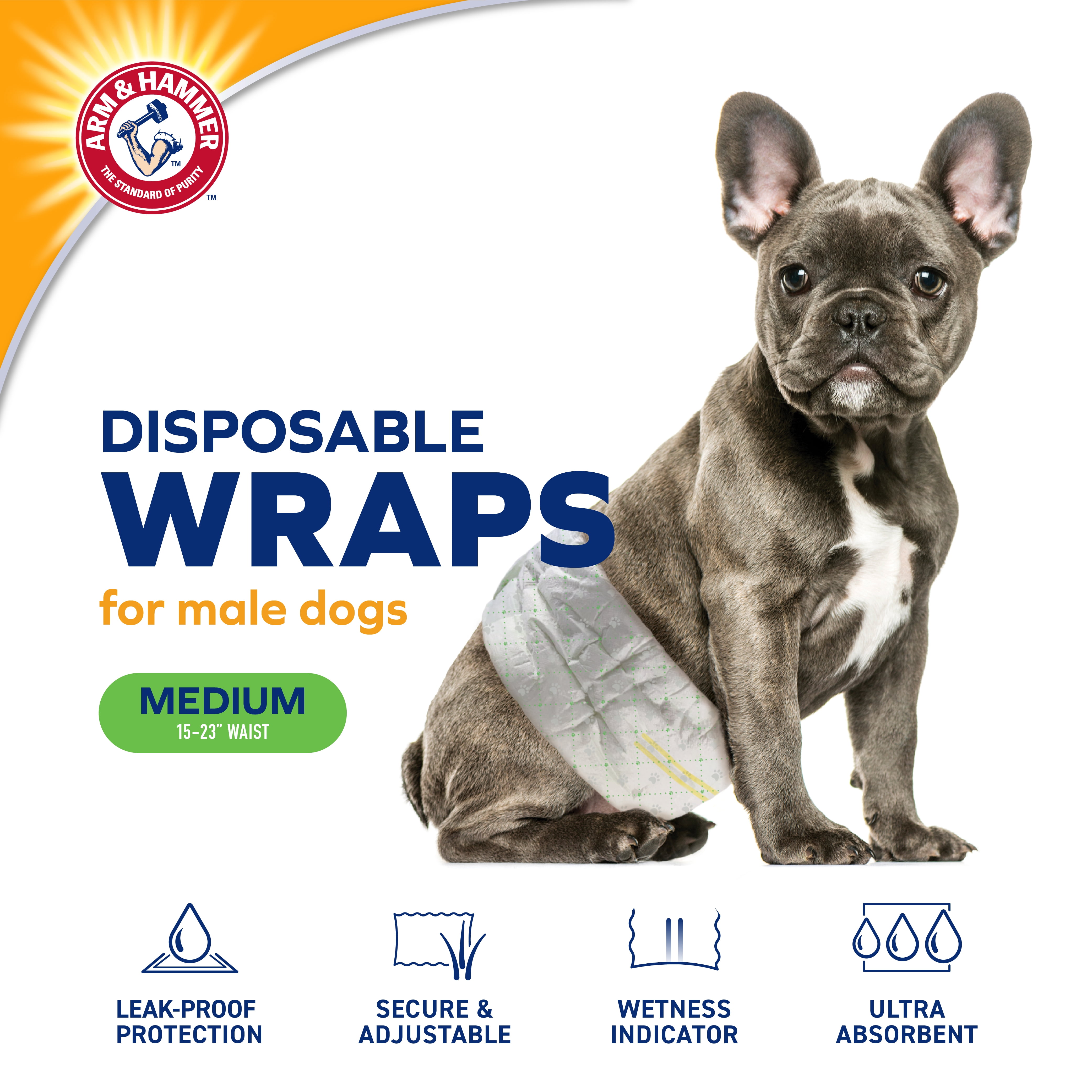 Arm & Hammer Male Dog Wraps, Medium 12 Ct | Ultra-Absorbent with Leak-Proof Protection