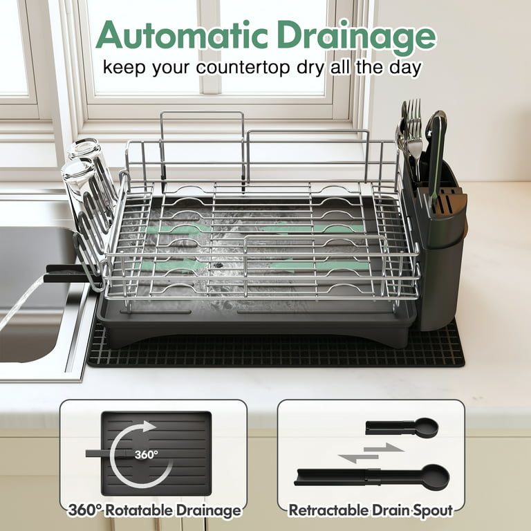 MAJALiS White Dish Drying Rack with Drainboard Set, Two Tier Large Dish  Drainers with Drainage, Stainless Steel Dish Dryer Rack for Sink and Counter