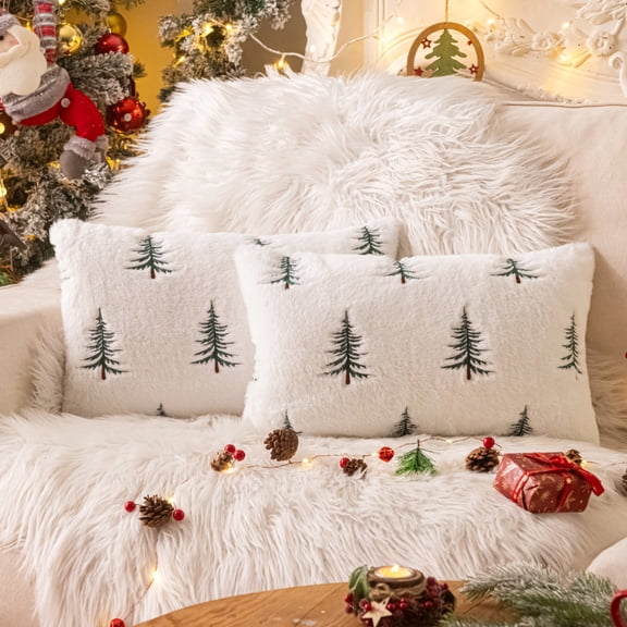 Christmas Tree Green Throw Pillow Covers 12x20, Soft Faux Fur Embroidered Throw Pillows for Couch Sofa Cushion Covers Holiday Home Decor