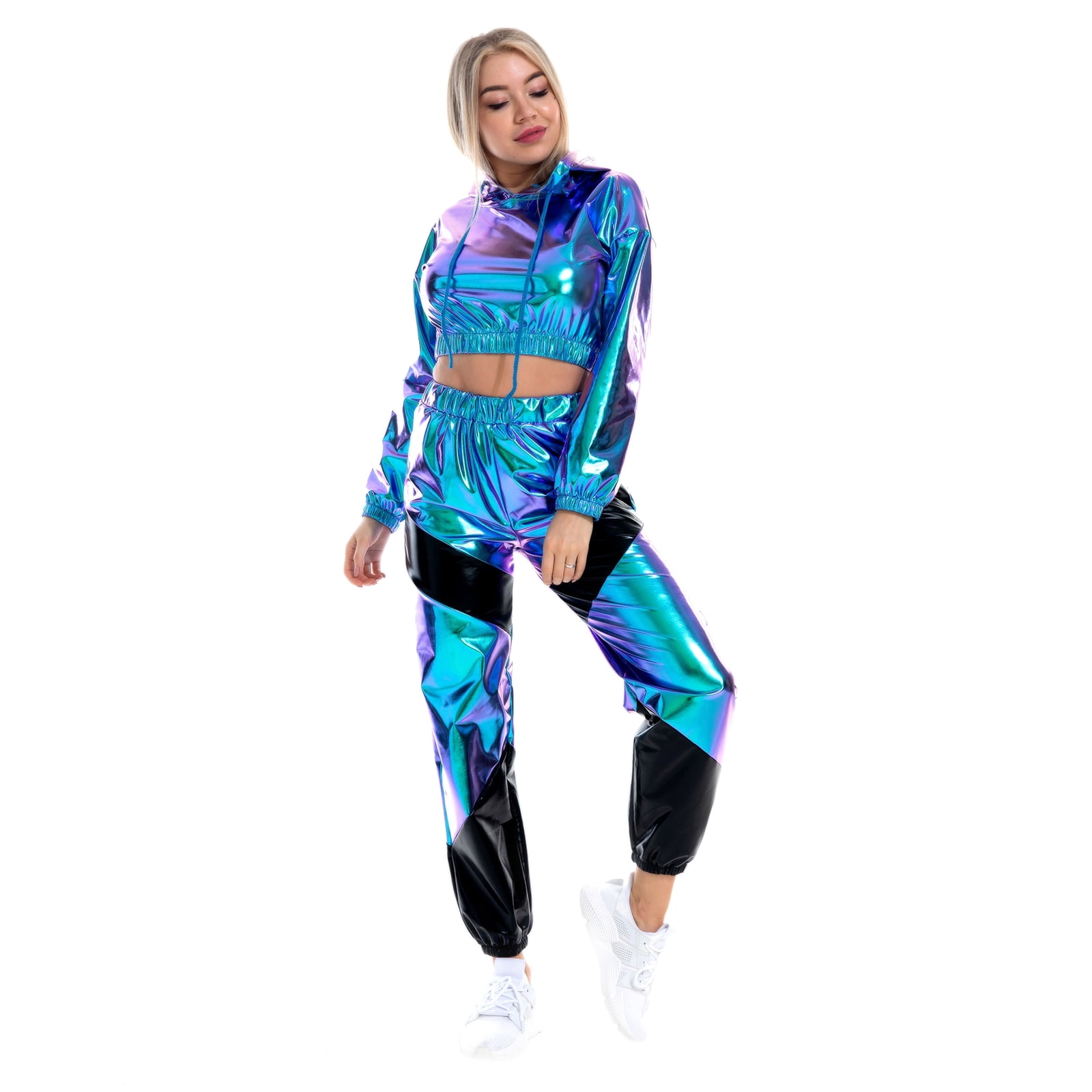 IBTOM CASTLE Women's Rave Outfit Shiny Crop Top Hoodie Casual Long Pants Hooded Workout Sweatshirt Dance Clubwear XL Holographic Blue