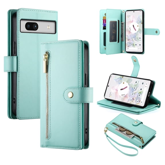 for Google Pixel 7a Case with Card Holder, Retro Premium PU Leather Shoulder Wrist Strap Zipper Kickstand Flip Cover Women Girl Wallet Phone Case for Google Pixel 7a, Mint