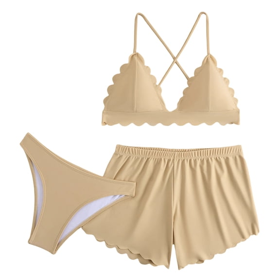 Fewfanhot Plus Size Swimsuit for Women 3 Piece Bathing Suit Tiered Ruffled Contrast Trim Adjustable Straps Swimwear
