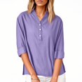 thumbnail image 4 of WTOBBY Women's V-Neck Button Down Casual Shirt, Solid Color Long Sleeve Split Hem Blouse Top, Cotton Linen Blend Lightweight Fabric for Daily Wear,Purple L, 4 of 6