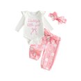 thumbnail image 2 of Infant Girls Fall Outfits Ruffle Long Sleeve Crew Neck Letters Bow Embroidery Romper Floral Print Pants and Headband Set, 2 of 8
