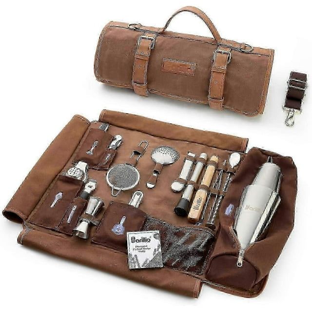 Waxed Canvas Bartender Kit Bag with 17-Piece Cocktail Shaker Set for Travel Mixology