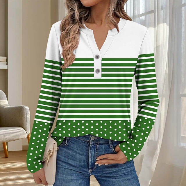 Ailaofu Womens Long Sleeve Tops Fall Button V Neck Graphic Shirts Dressy Casual Henley Tops Women Blouses