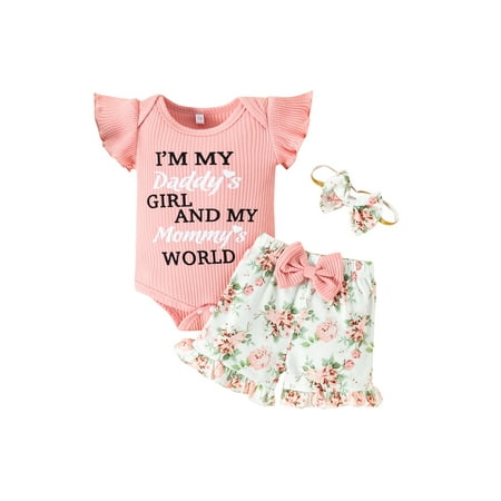 

Qtinghua 3Pcs Newborn Infant Baby Girls Summer Outfits Letter Print Romper and Floral Shorts Headband Clothes