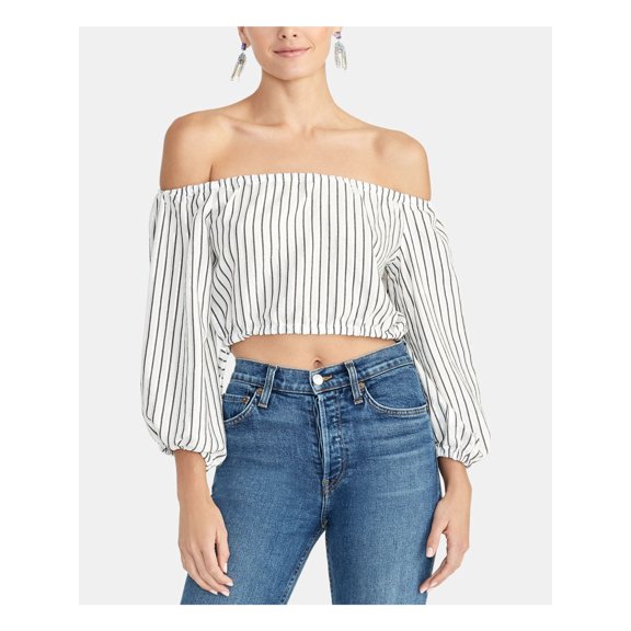 RACHEL ROY Womens White Pinstripe 3/4 Sleeve Strapless Crop Top Size: 5