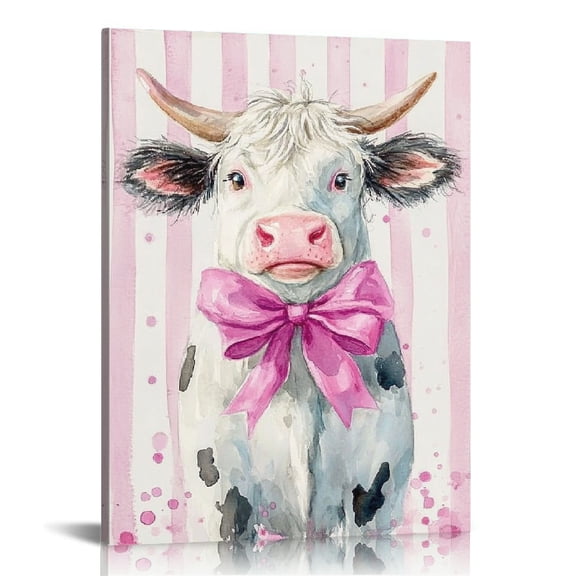 FCXZI Cow Pink Bow Ready to Hang Canvas Wall Art Home Decor 12x16in